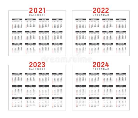 Calendar 2021 2022 2023 2024 Years Set Stock Vector Illustration