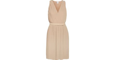 Halston Pleated Chiffon Wrap Dress In Natural Lyst