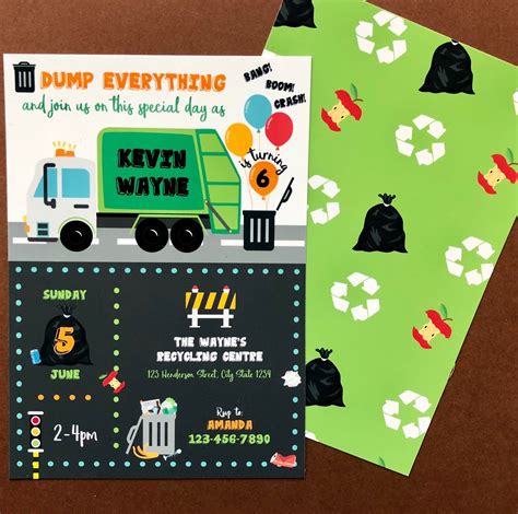 Garbage Truck Birthday Invitation Waste Management Birthday Etsy