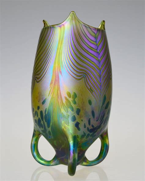 Hand Blown Glass Art Nouveau Loetz Style Iridescent Bohemian Art Glass Vase Pottery And Glass