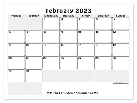February 2023 Printable Calendar 44ms Michel Zbinden Us