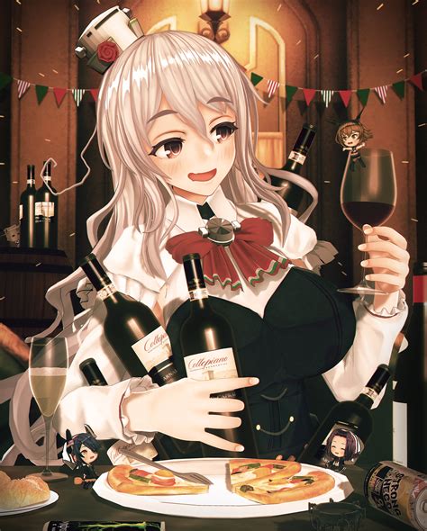 safebooru 4girls absurdres alcohol black gloves bottle bow bowtie breasts brown eyes brown