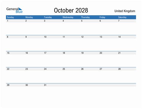 Editable October 2028 Calendar With United Kingdom Holidays