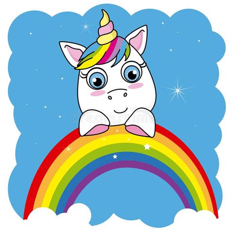 Cute Cartoon Unicorn On A Rainbow Stock Vector Illustration Of Raised