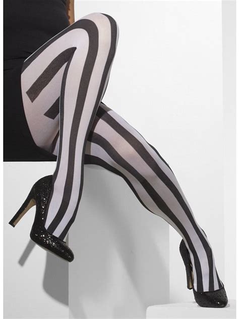 Ladies Costume Tights Vertical Striped Black And White 24549