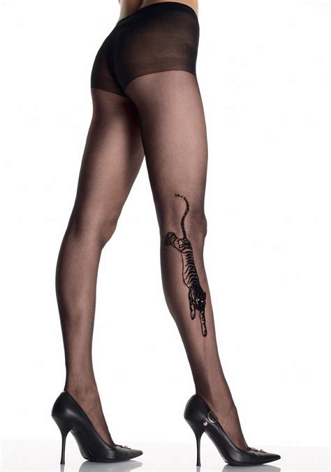 Sheer Pantyhose With Tiger Tattoo With Rhinestone Eyes Tiger Print