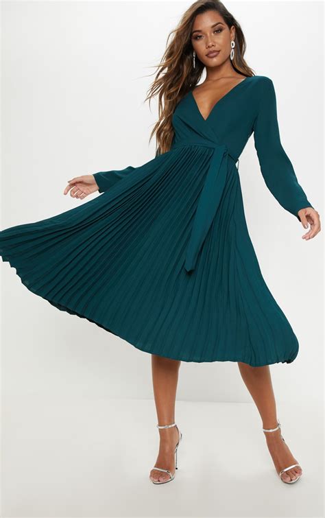 Emerald Green Pleated Midi Dress Prettylittlething Ca