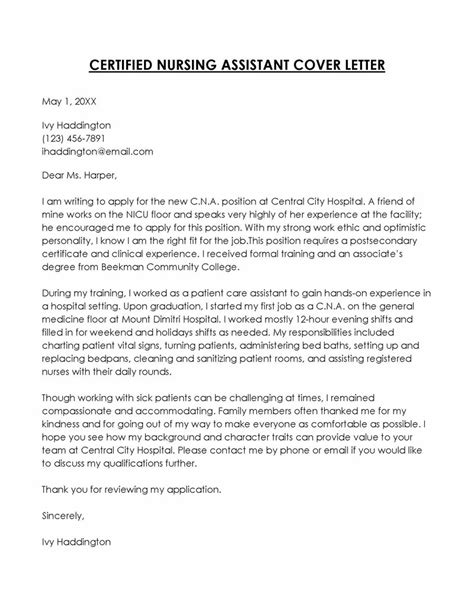 Certified Nursing Assistant CNA Cover Letter Examples
