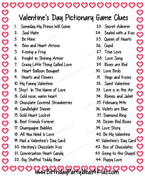 Pictionary words for couples are. Valentine's Day list of game clues for pictionary ...
