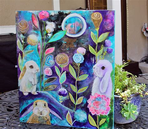 Original Boho Floral Intuitive Painting Contemporary Bunny Rabbit Art