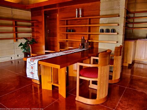 Usonian Faculty House - Built-in dining table and shelving with Wright