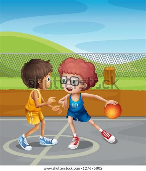 Illustration Two Boys Playing Basketball Court Stock Vector Royalty