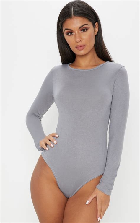 Space Grey Crew Neck Long Sleeve Bodysuit Bodysuit Fashion Long Sleeve Bodysuit White Long