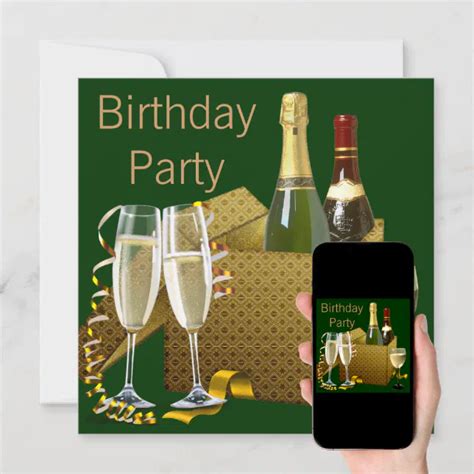 Green Gold Champagne Wine Glasses Birthday Party Invitation Zazzle