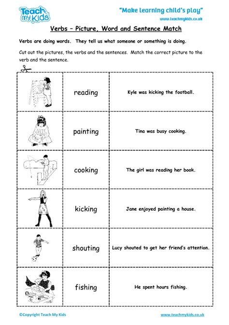Teach your child this english vocabulary words with pictures and help them to write and speak easily. Verbs - Picture, Word and Sentence Match - TMK Education