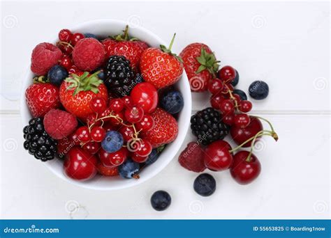 Berry Fruits Mix In Bowl With Strawberries Blueberries And Cherries