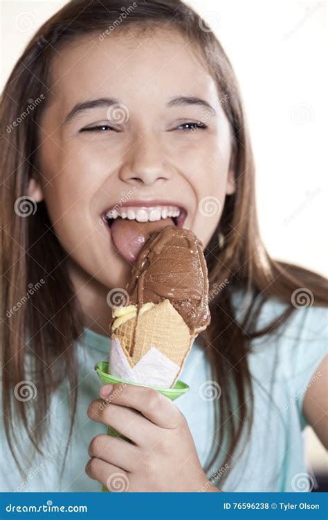 Girl Licking Delicious Chocolate Ice Cream Stock Photo Image Of Chocolate Icecream