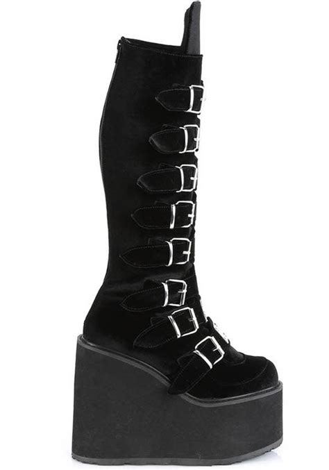 Demonia Shoes Swing 815 Black Velvet Platform Boots Buy Online