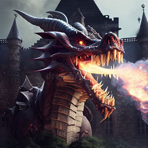 Dragon Breathing Fire On An Intricately Detailed Castle Created With