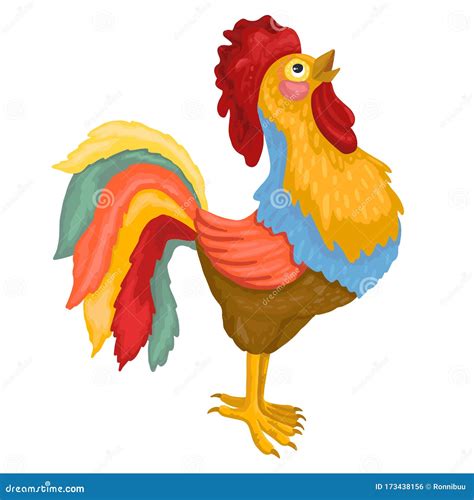 Colorful Rooster Crowing In The Morning Vector Illustration Stock