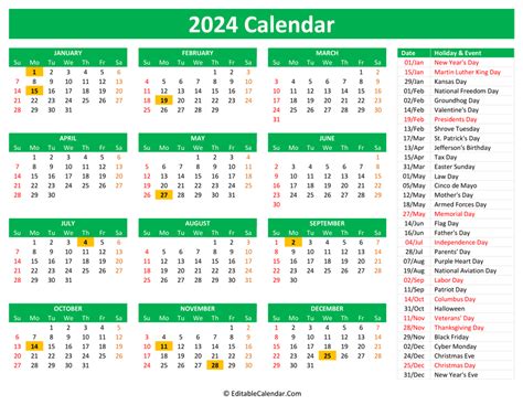 2024 Calendar With Holidays Editable Sheets Rafa Ursola