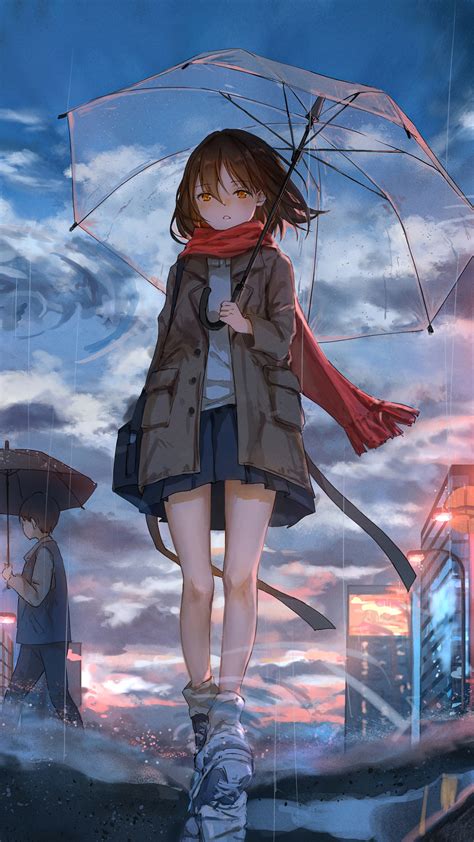 Anime Girl Walking In Rain With Umbrella