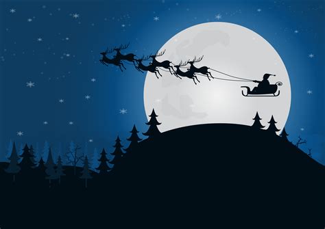 Silhouette Santa Claus With Reindeer Sleigh Above The Hill With Moon Light In Forest Winter