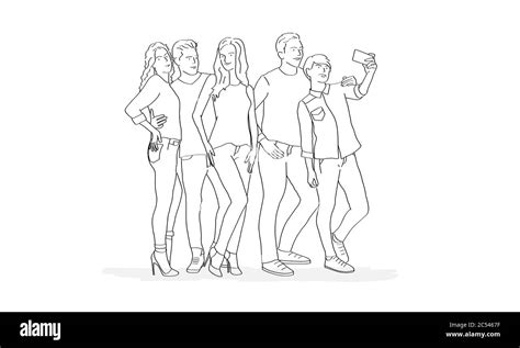 Line Drawing Of People Making Selfie Photo Vector Illustration Stock