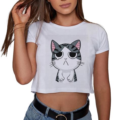2018 New Kawaii Cat Print Loose Crop Top Cute Sad Cat Womens Shirts