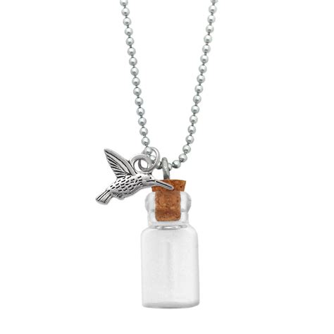 Mini Glass Bottle Cremation Ashes Holder Necklace W Hummingbird Charm