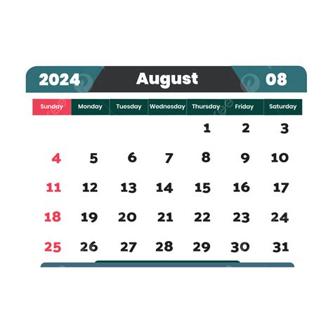 Calendario Mensual Agosto 2024 Con Transparente Vector Png Agosto