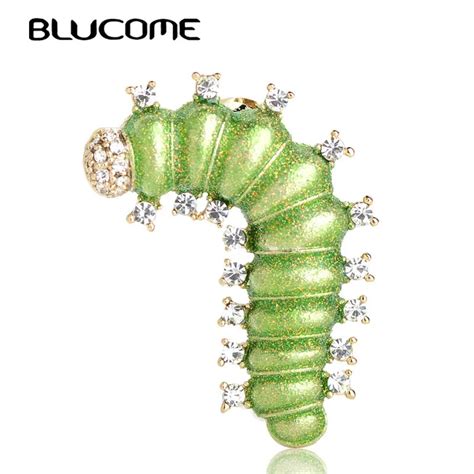 Blucome Vivid Green Silkworm Brooches Gold Color Enamel Clothes Jewelry