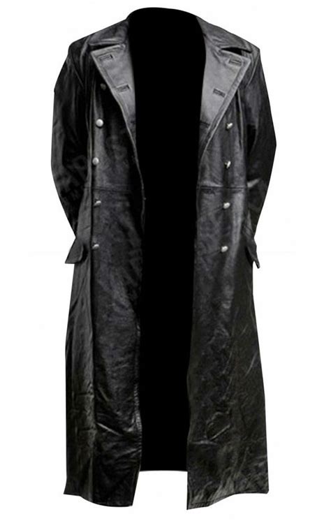 Mens German Classic Ww2 Military Officer Uniform Black Leather Trench Coat Platinum Leathers