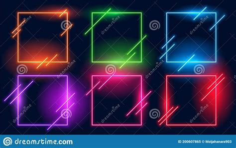 Neon Light Square Modern Frames Set Of Six Stock Vector Illustration