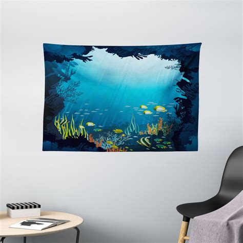 Ocean Tapestry Topical Underwater Cave Fishes Swimming Marine Coral