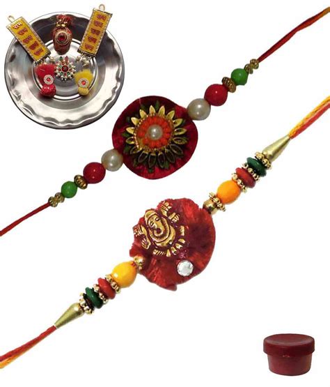 Fancy Beads And Ganesh Rakhi Set Of 2 With Ss Thali8057