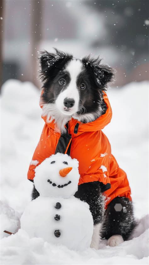 Cute Dog In Snow Border Collie With Snowman Pet Winter Clothing Dog