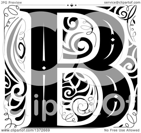 Clipart Of A Black And White Vintage Letter B Monogram Royalty Free