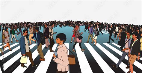 Stylized Illustration Of Busy Street Crossing With Mixed Ethnic Crowd