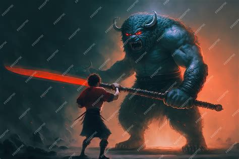 Premium Photo A Boy Fights A Giant Monster Fantasy Illustration