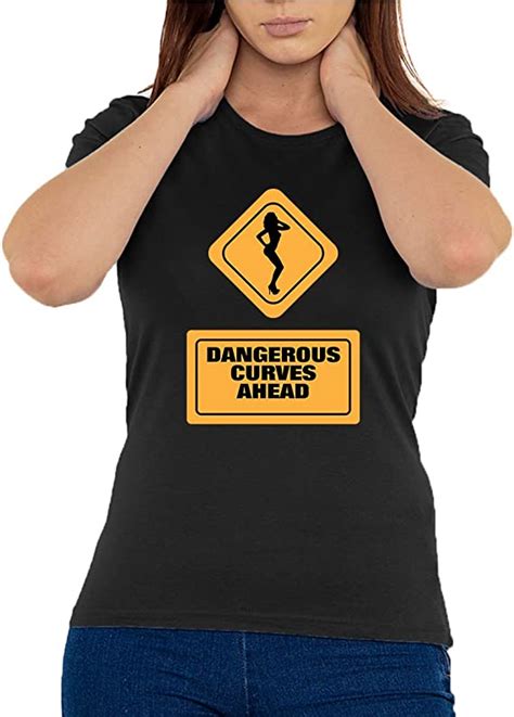 Atprints Warning Sign Dangerous Curves Ahead Funny Womens T Shirt