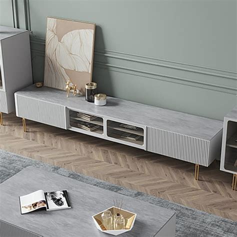Minimalist Gray Tv Stand Sintered Stone Top Media Console With Sliding