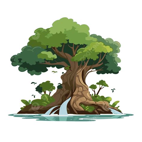 Rainforest Tree Vector Sticker Clipart Cartoon Tree And Waterfall