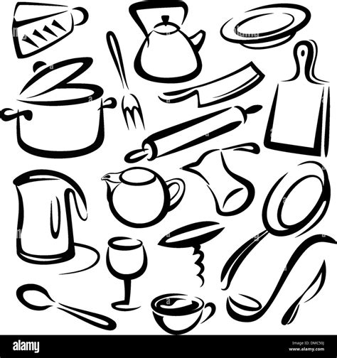 Big Set Of Kitchen Tools Vector Sketch In Simple Black Lines Stock