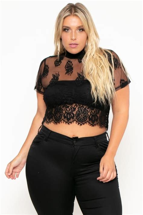 This Plus Size Woven Lace Crop Top Features A Mock Neck Short Sleeves A Back Zipper And An