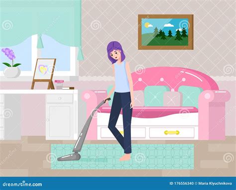 girl started running the vacuum cleaner in room stock vector illustration of housekeeping