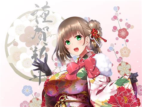 Blush Bow Breasts Brown Hair Flowers Gloves Gradient Green Eyes