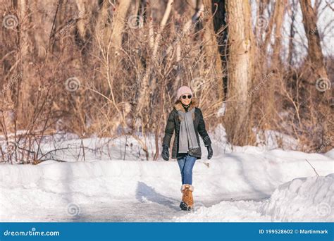 Winter Walk Happy Woman Walking In Snow Outdoor Nature Park Enjoying