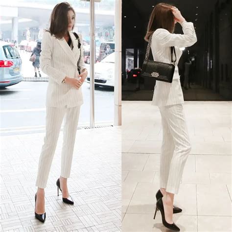 Korean Women S 2018 New Ol Temperament Fashion Elegant Slim Double Breasted Striped Suit Suit