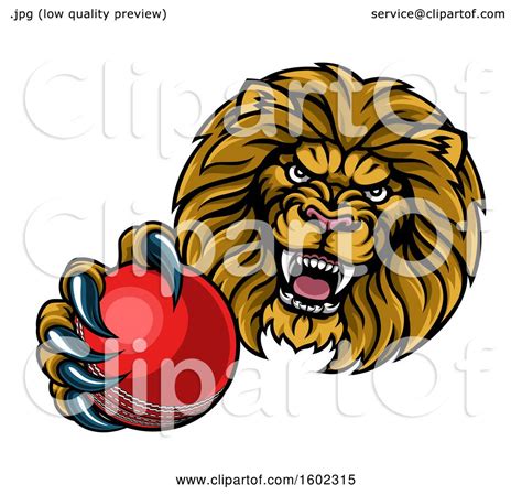 Clipart Of A Tough Lion Monster Mascot Holding Out A Cricket Ball In